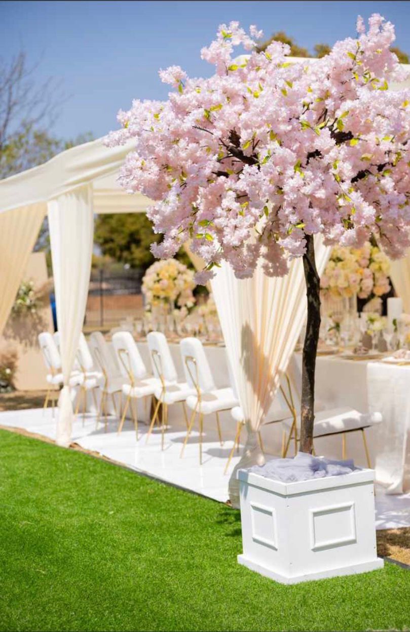 Cherry blossom aisle styling at an outdoor celebration